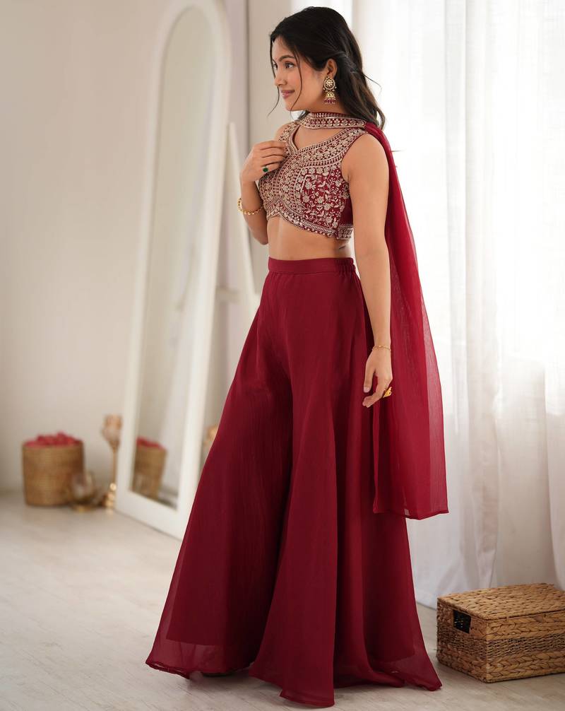 Maroon Crunchy Silk Blend Indo Western Crop Top Palazzo Set With Neck Dupatta Stitched