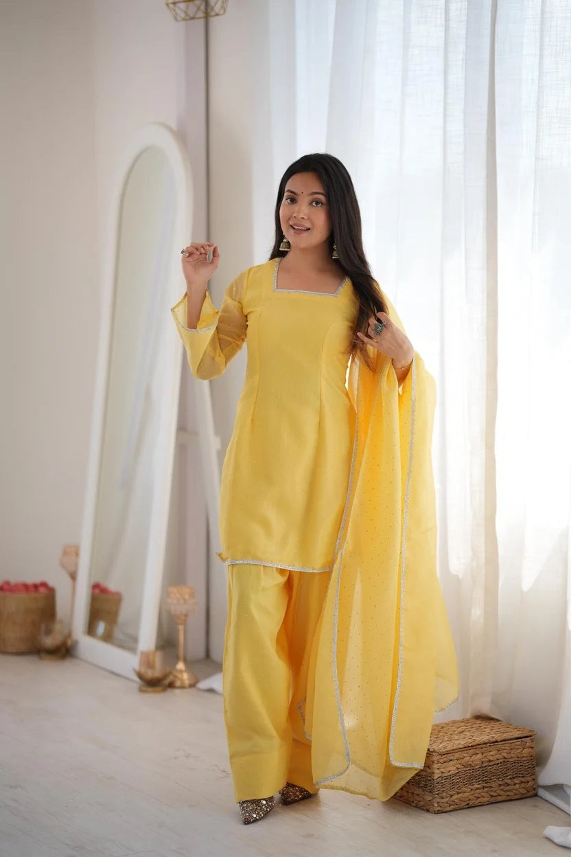 Crunchy Silk Farshi Salwar Suit with Fancy Lace and Dupatta