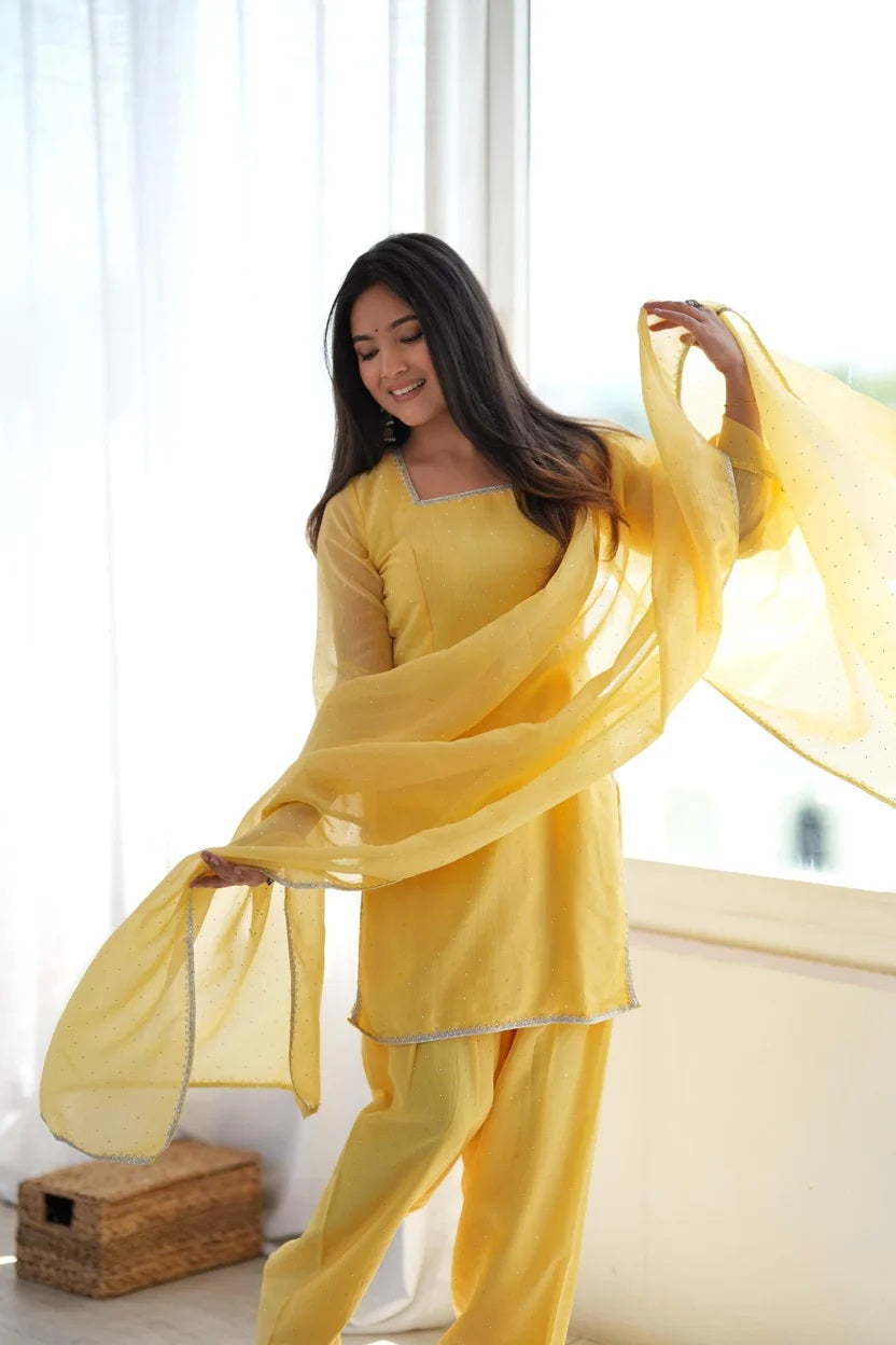 Crunchy Silk Farshi Salwar Suit with Fancy Lace and Dupatta