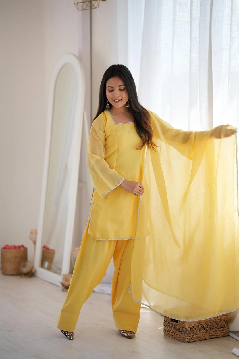 Crunchy Silk Farshi Salwar Suit with Fancy Lace and Dupatta