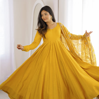 Yellow Roman Silk Chanderi Anarkali Gown Set With Embroidered Dupatta Stitched