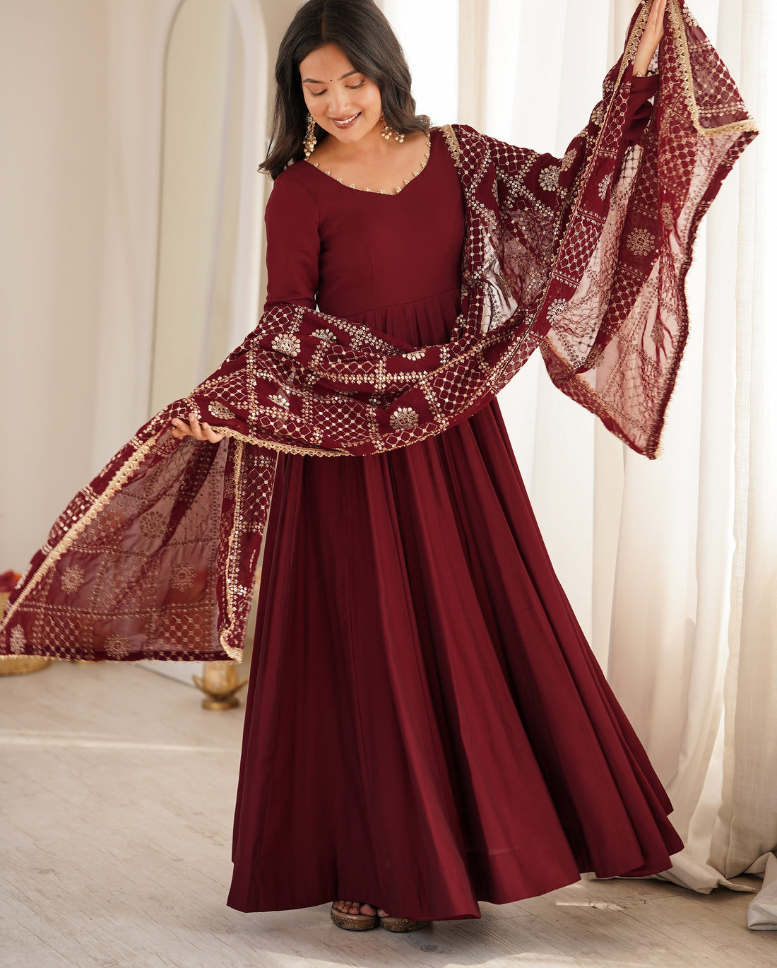 Yellow Roman Silk Chanderi Anarkali Gown Set With Embroidered Dupatta Stitched