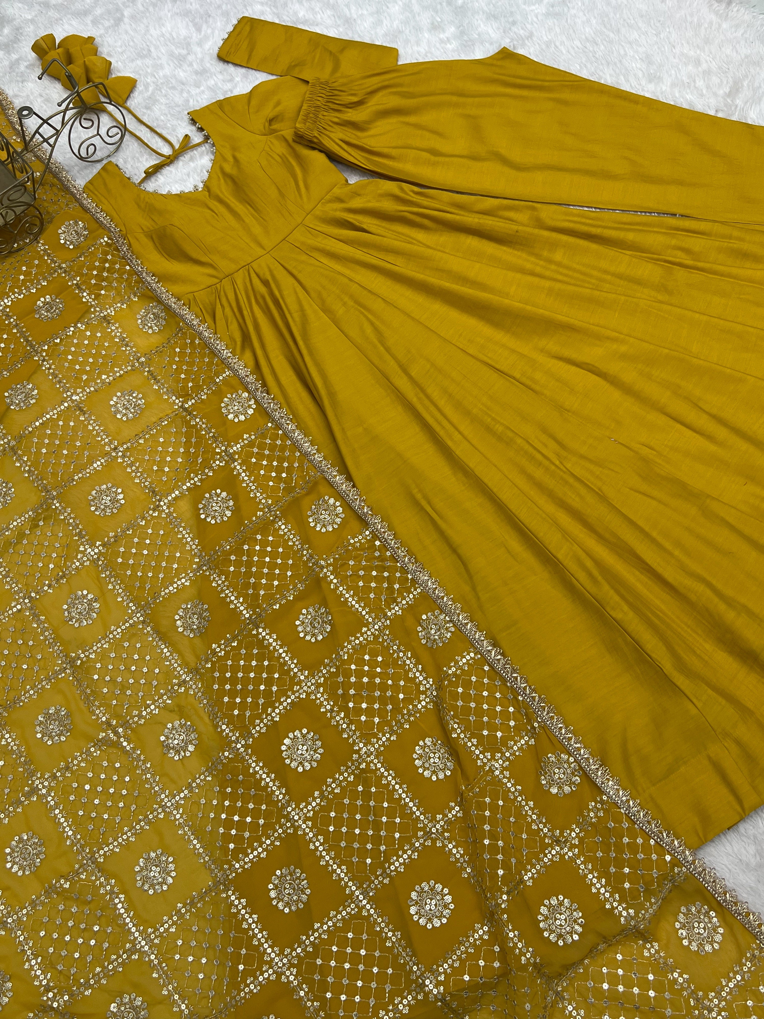 Yellow Roman Silk Chanderi Anarkali Gown Set With Embroidered Dupatta Stitched
