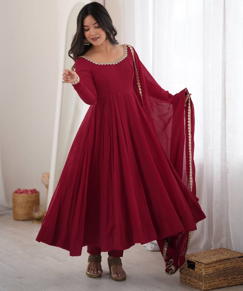 Chanderi Silk Embroidery Party Wear Anarkali Suit Set Stitched
