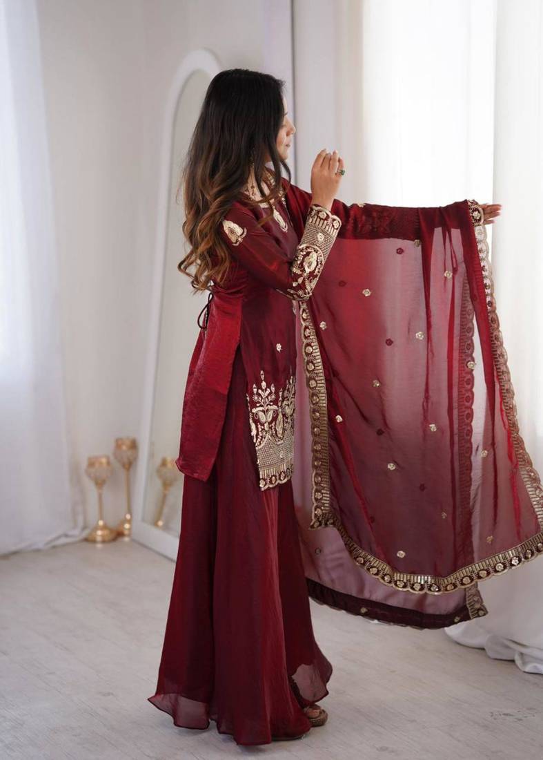 Maroon Silk Blend Zari Embroidered Plus Size Sharara Set Stitched
