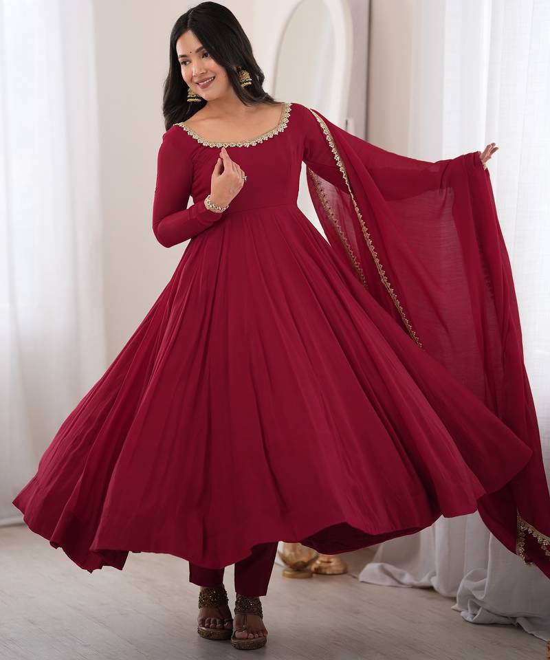 Chanderi Silk Embroidery Party Wear Anarkali Suit Set Stitched