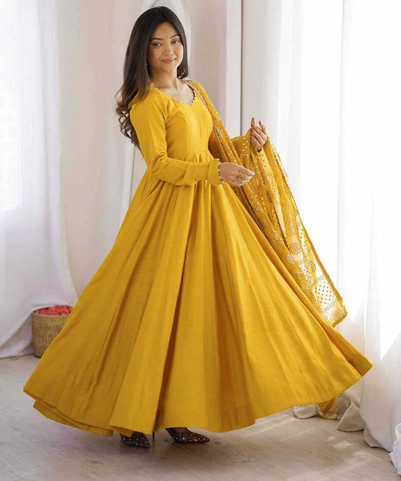 Yellow Roman Silk Chanderi Anarkali Gown Set With Embroidered Dupatta Stitched