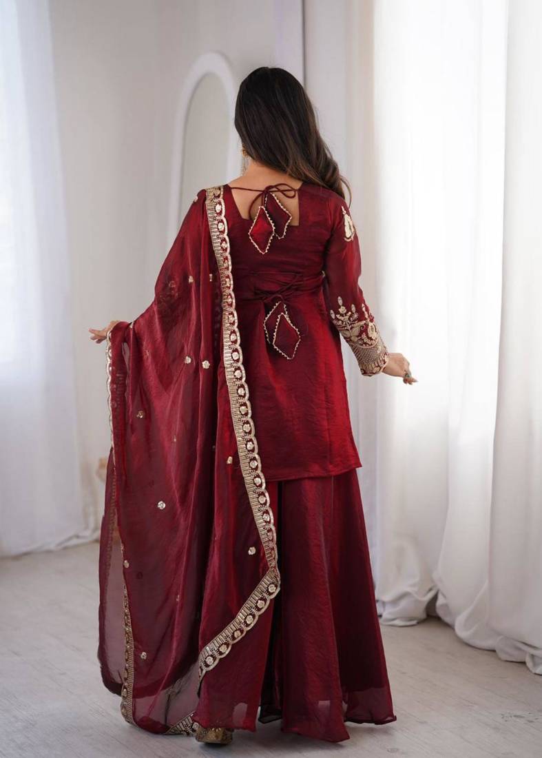 Maroon Silk Blend Zari Embroidered Plus Size Sharara Set Stitched