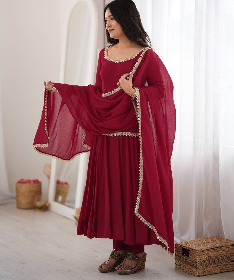 Chanderi Silk Embroidery Party Wear Anarkali Suit Set Stitched