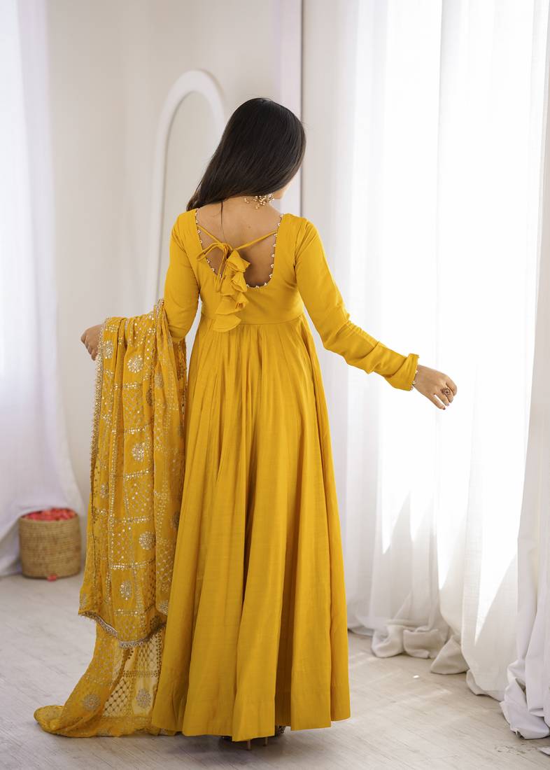 Yellow Roman Silk Chanderi Anarkali Gown Set With Embroidered Dupatta Stitched