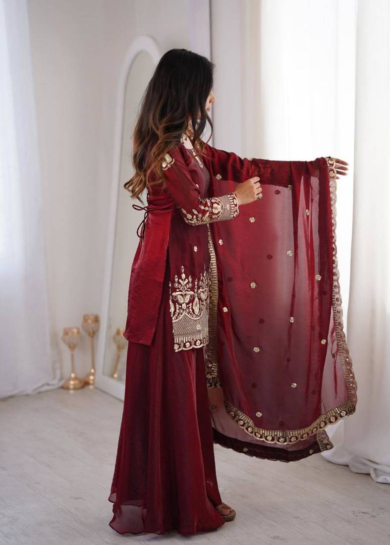 Maroon Silk Blend Zari Embroidered Plus Size Sharara Set Stitched