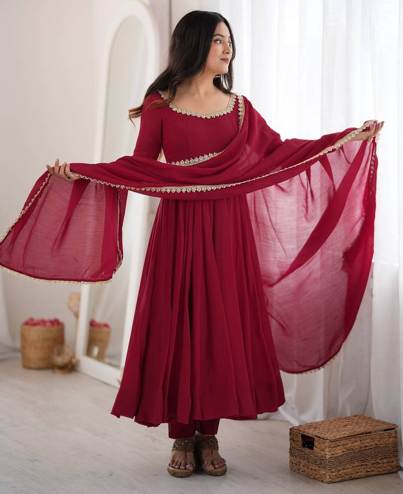 Chanderi Silk Embroidery Party Wear Anarkali Suit Set Stitched