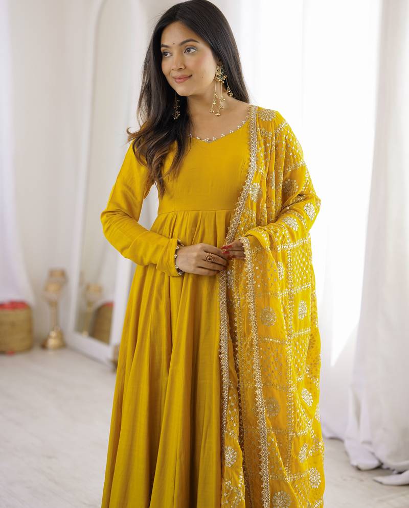 Yellow Roman Silk Chanderi Anarkali Gown Set With Embroidered Dupatta Stitched