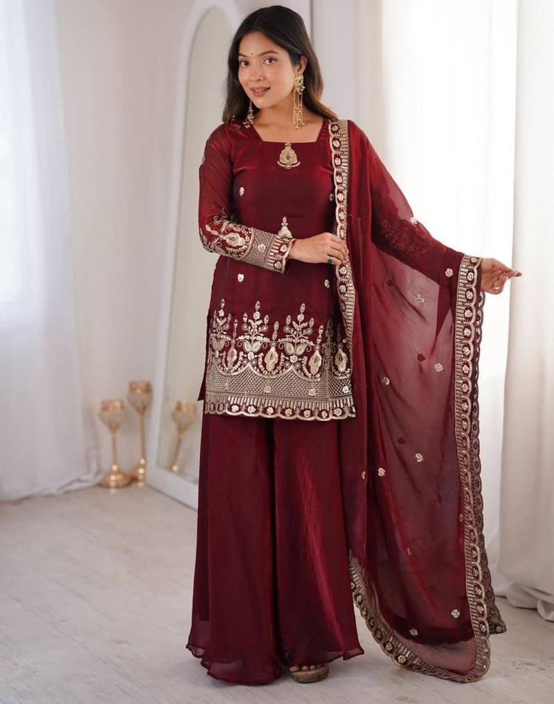 Maroon Silk Blend Zari Embroidered Plus Size Sharara Set Stitched