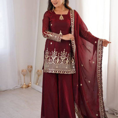 Maroon Silk Blend Zari Embroidered Plus Size Sharara Set Stitched