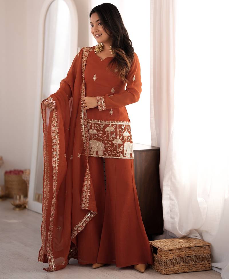 Rust Crunchy Silk Embroidered Kurta With Bell Bottom Pants & Dupatta Set | Fully Stitched Festive Wear