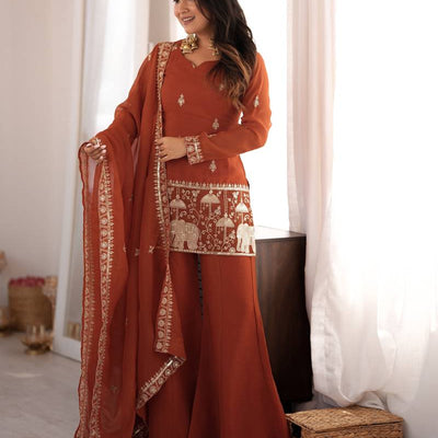 Rust Crunchy Silk Embroidered Kurta With Bell Bottom Pants & Dupatta Set | Fully Stitched Festive Wear