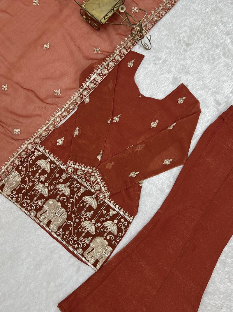 Rust Crunchy Silk Embroidered Kurta With Bell Bottom Pants & Dupatta Set | Fully Stitched Festive Wear