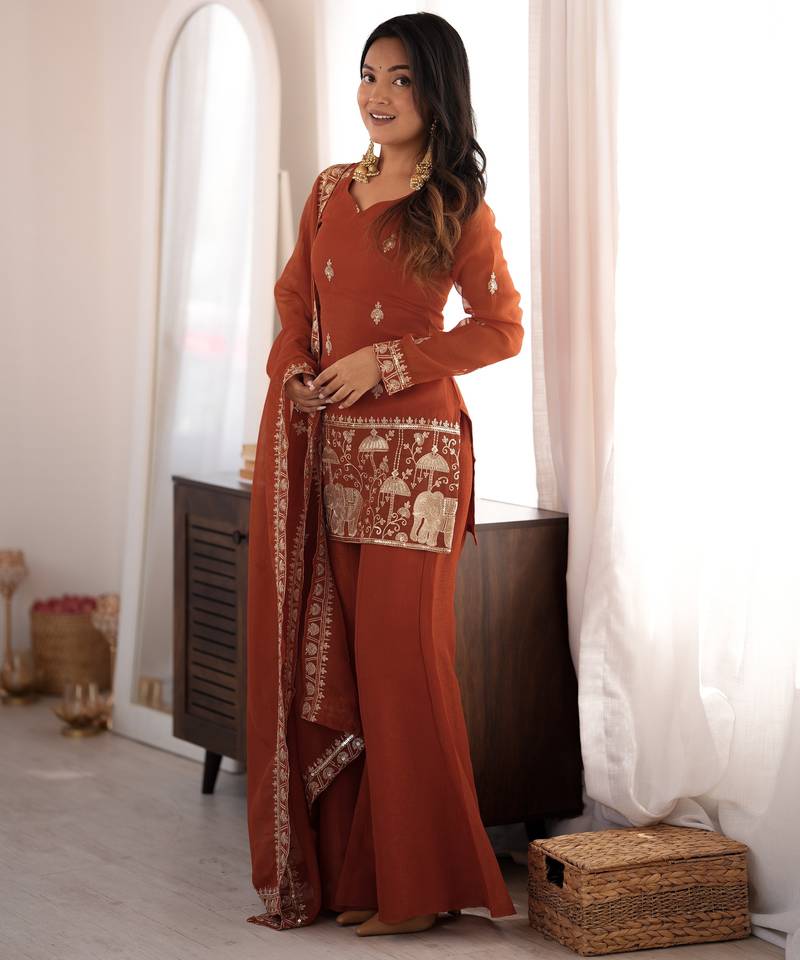 Rust Crunchy Silk Embroidered Kurta With Bell Bottom Pants & Dupatta Set | Fully Stitched Festive Wear