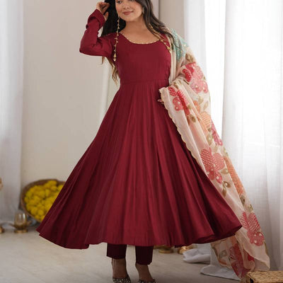 Maroon Roman Silk 16-Panel Flared Anarkali Suit Set