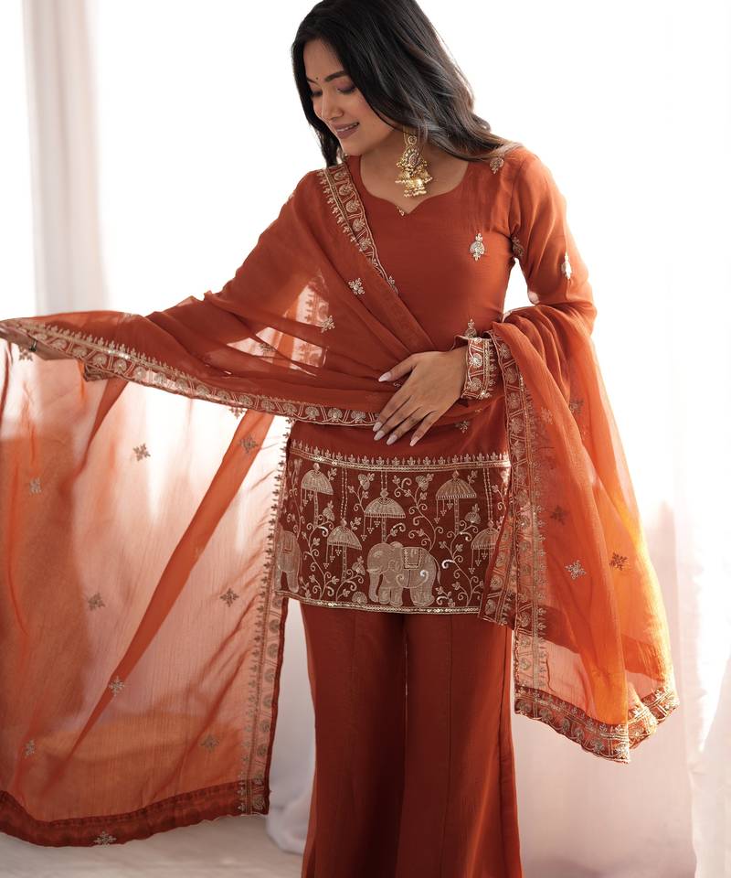 Rust Crunchy Silk Embroidered Kurta With Bell Bottom Pants & Dupatta Set | Fully Stitched Festive Wear