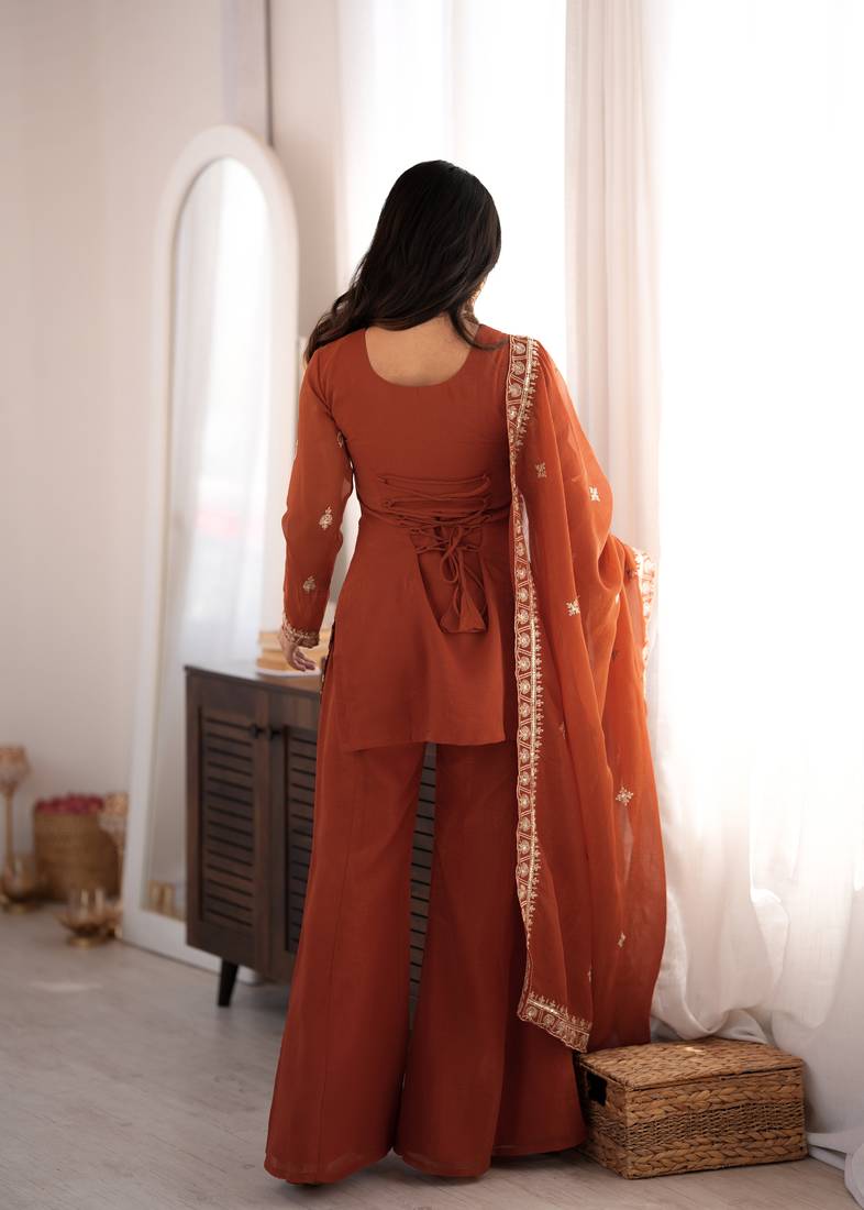 Rust Crunchy Silk Embroidered Kurta With Bell Bottom Pants & Dupatta Set | Fully Stitched Festive Wear