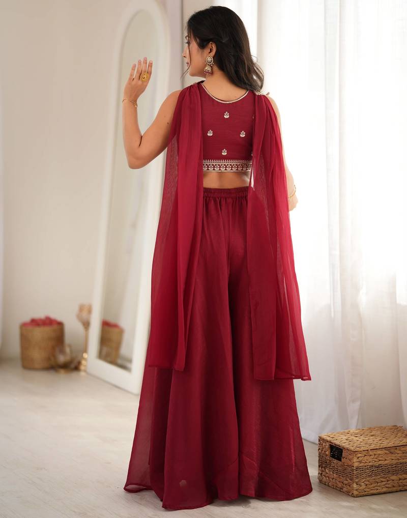 Maroon Crunchy Silk Blend Indo Western Crop Top Palazzo Set With Neck Dupatta Stitched