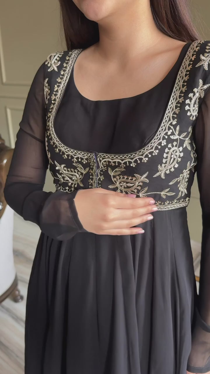 TRENDING BLACK ANARKALI SUIT WITH KOTI STYLE FULL SLEEVE