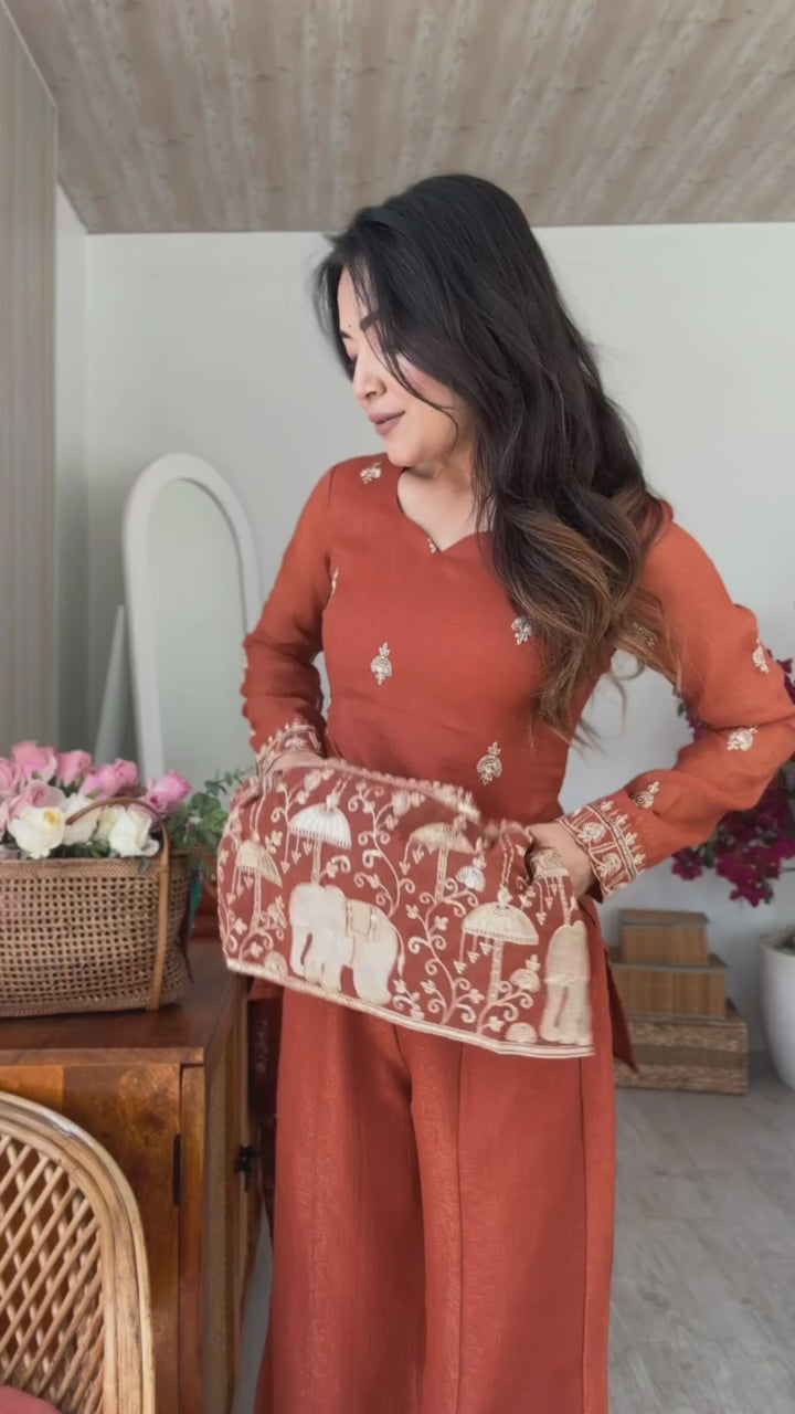 Rust Crunchy Silk Embroidered Kurta With Bell Bottom Pants & Dupatta Set | Fully Stitched Festive Wear