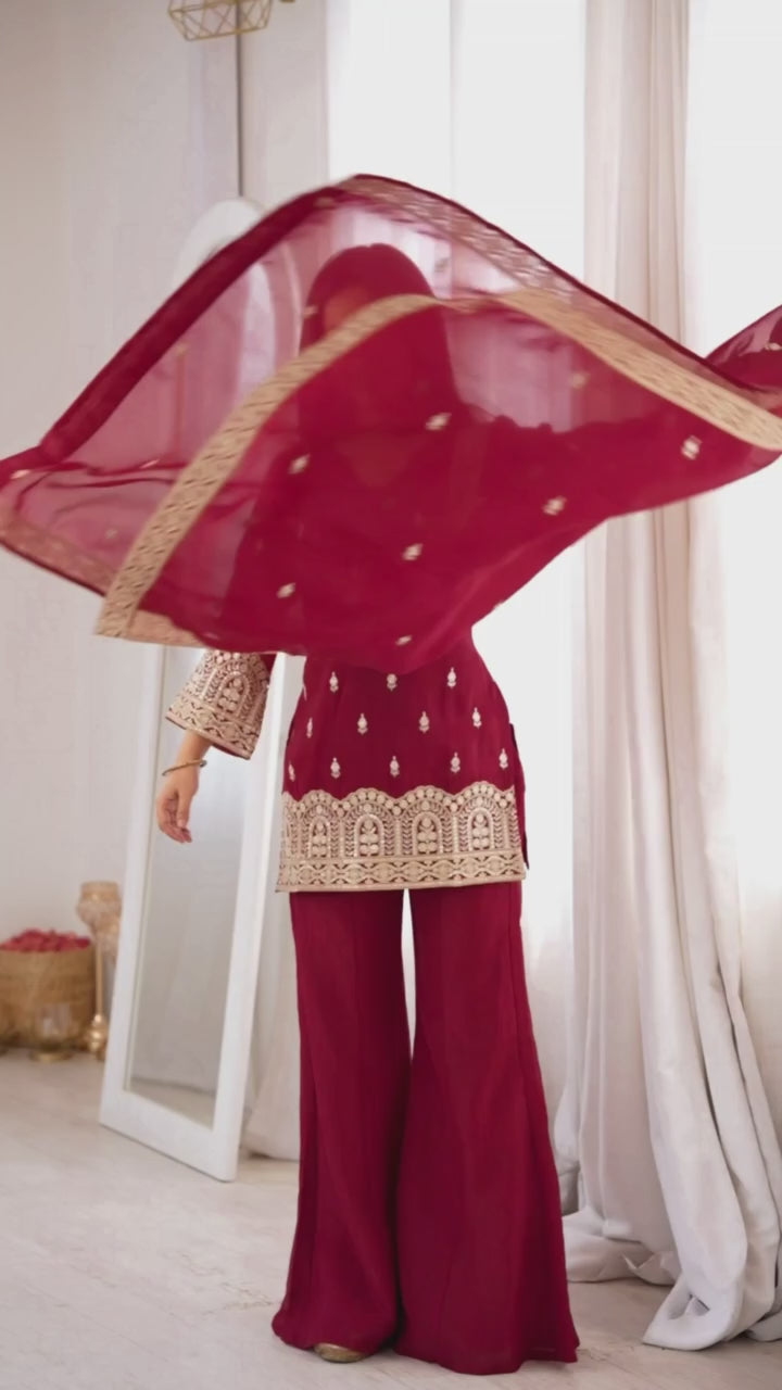 Maroon Silk Blend Zari Embroidered Plus Size Sharara Set Stitched