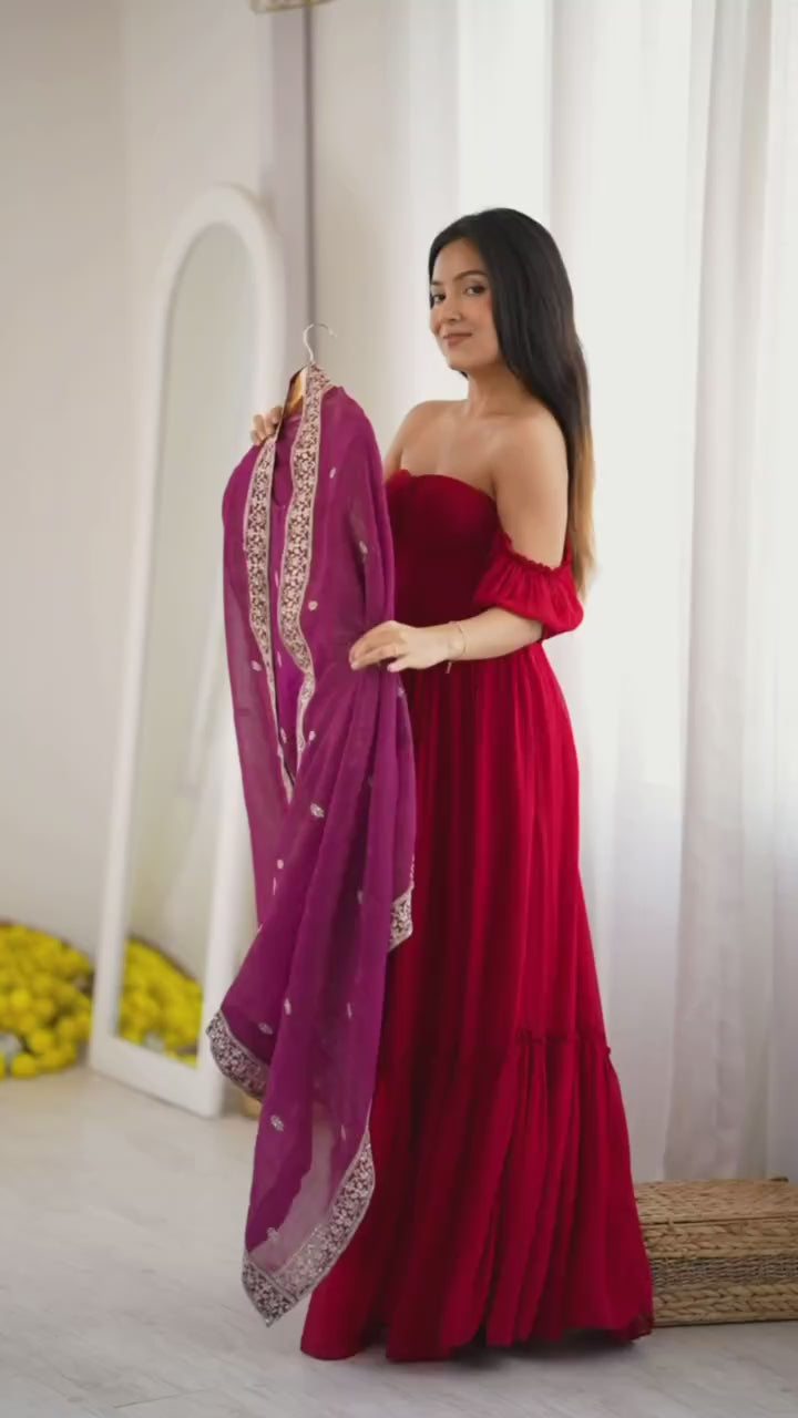Crunchy Silk Embroidery Sequin & Zari Work Kurti With Flared Sharara & Dupatta Set