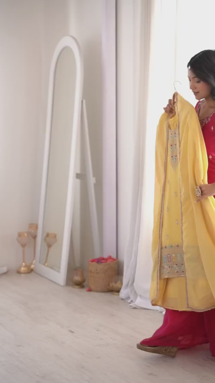blue pure soft crunchy silk embroidered sharara suit set