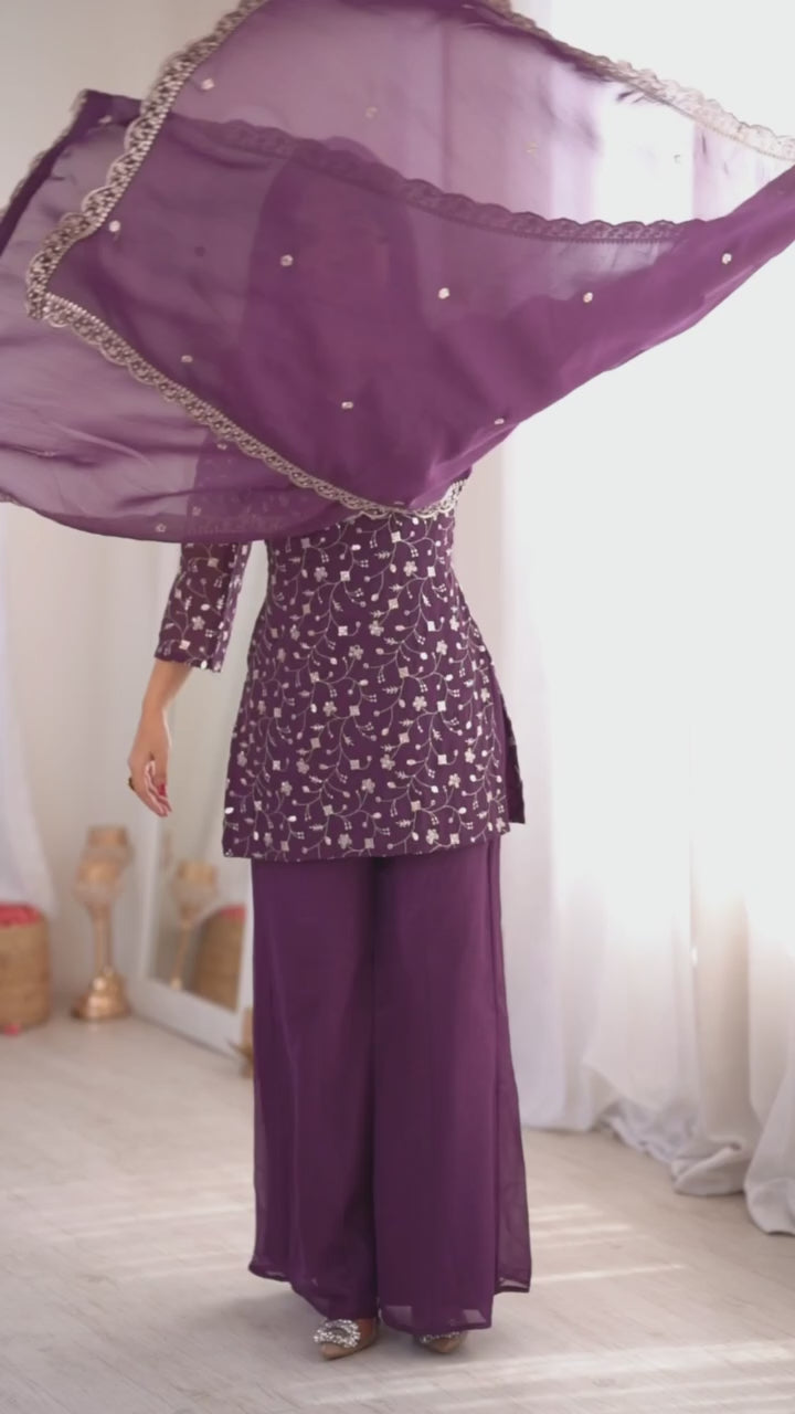 VIRAL WINE EMBRODARY SHORT KURTI WITH BOOTCUT PLAZZO SUIT