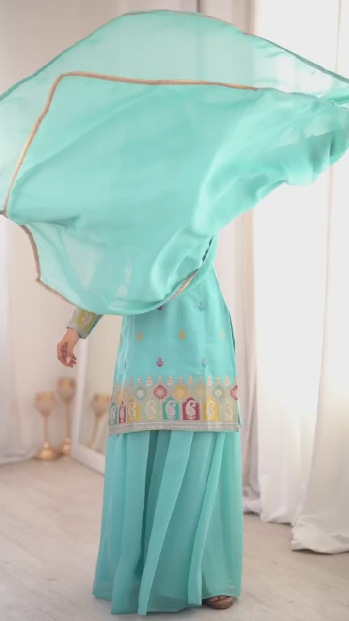 blue pure soft crunchy silk embroidered sharara suit set