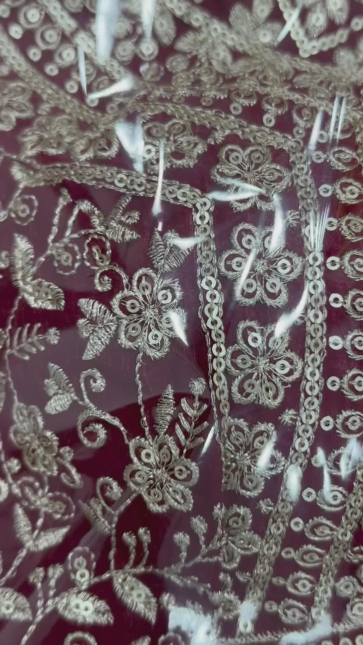 Maroon Crunchy Silk Blend Indo Western Crop Top Palazzo Set With Neck Dupatta Stitched