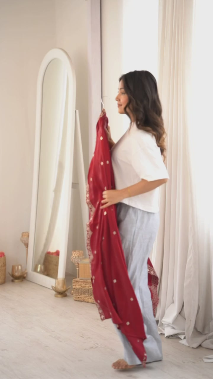 Party Wear Maroon Roman Silk Front Yoke Work Kurta with Farshi Shalwar