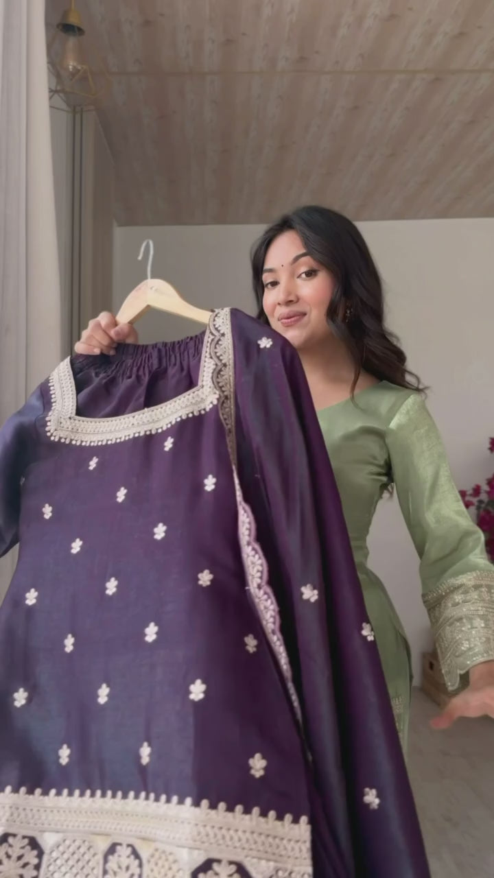 Purple Roman Silk Dori Zari Embroidered Suit Set Stitched