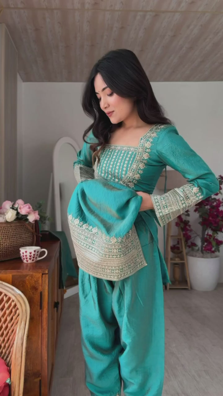 Teal Blue NC Vichitra Silk Farshi Salwar Suit with Embroidery Dori Work for Festive Wear