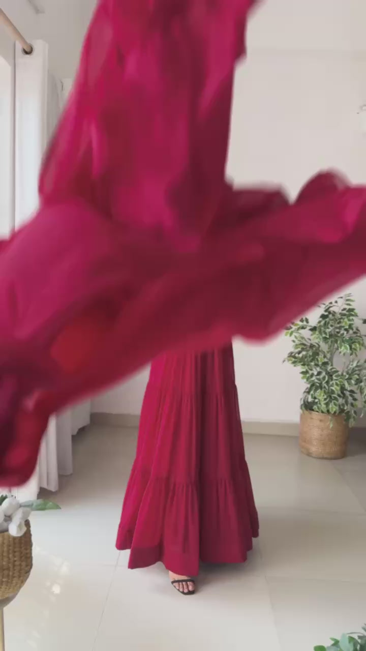 Fabulous Maroon Embroidered Georgette Festive Wear Gown With Dupatta