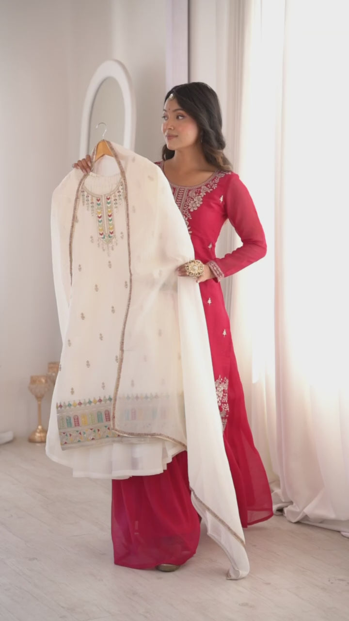 blue pure soft crunchy silk embroidered sharara suit set
