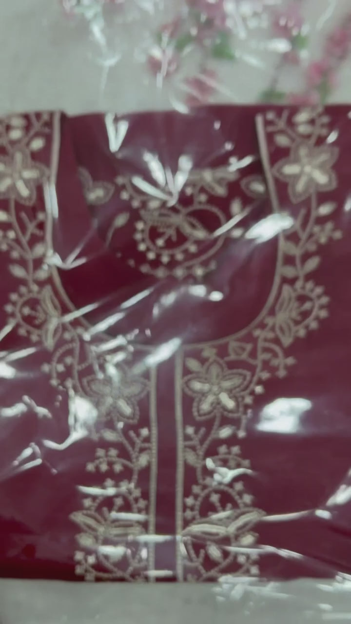 Party Wear Maroon Roman Silk Front Yoke Work Kurta with Farshi Shalwar