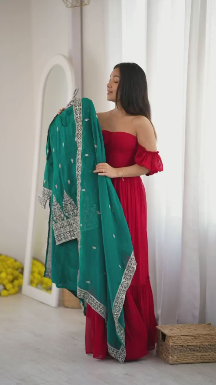 Crunchy Silk Embroidery Sequin & Zari Work Kurti With Flared Sharara & Dupatta Set